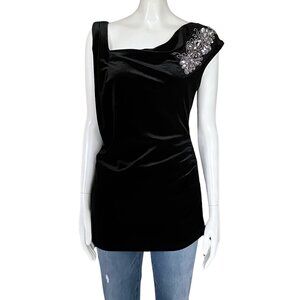 Vintage Y2K Black Velvet Asymmetrical Rhinestone Sequin Beaded Going Out Top M/L